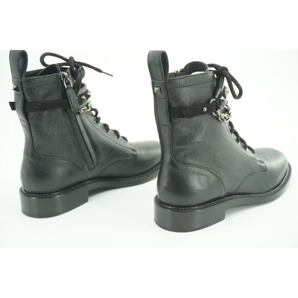 Valentino Rockstud Chain Combat Ankle Boots Size 37 black Leather $1290 - Picture 2 of 12